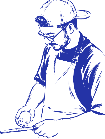 Brush-pen drawing of Thomas in an apron and cap, zesting a lemon