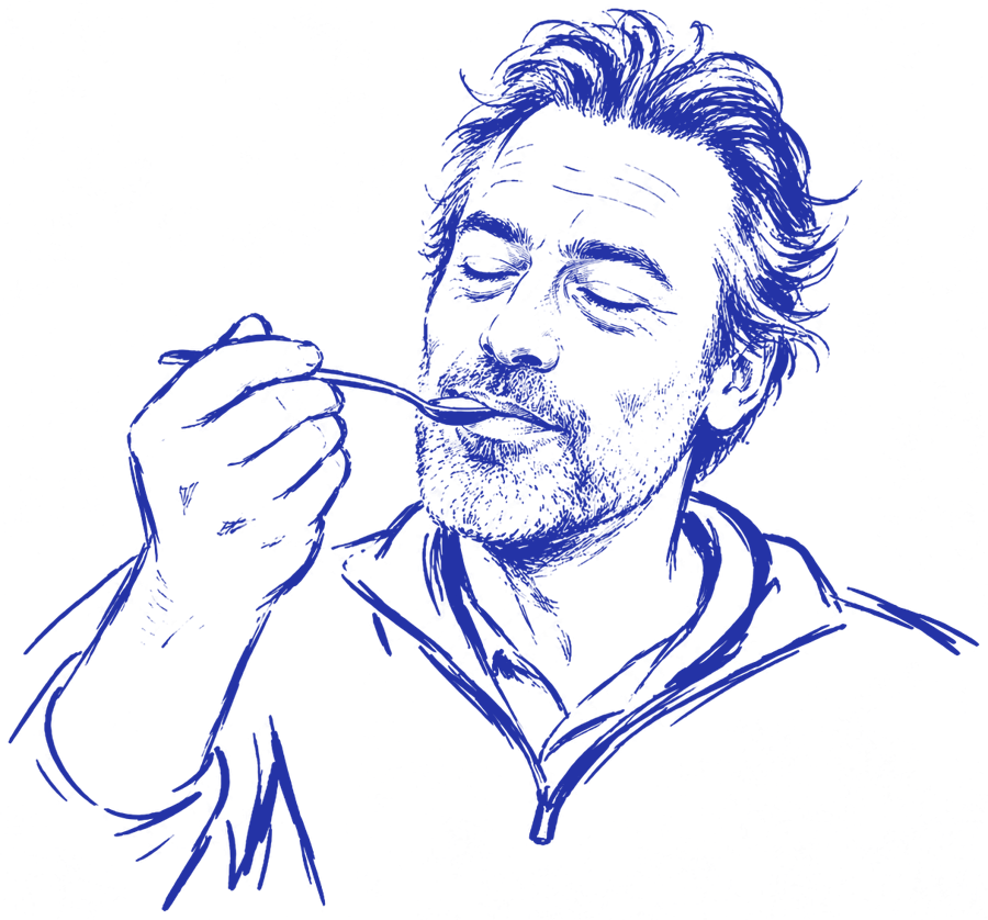 Brush-pen drawing of Thomas tasting from a spoon, eyes closed